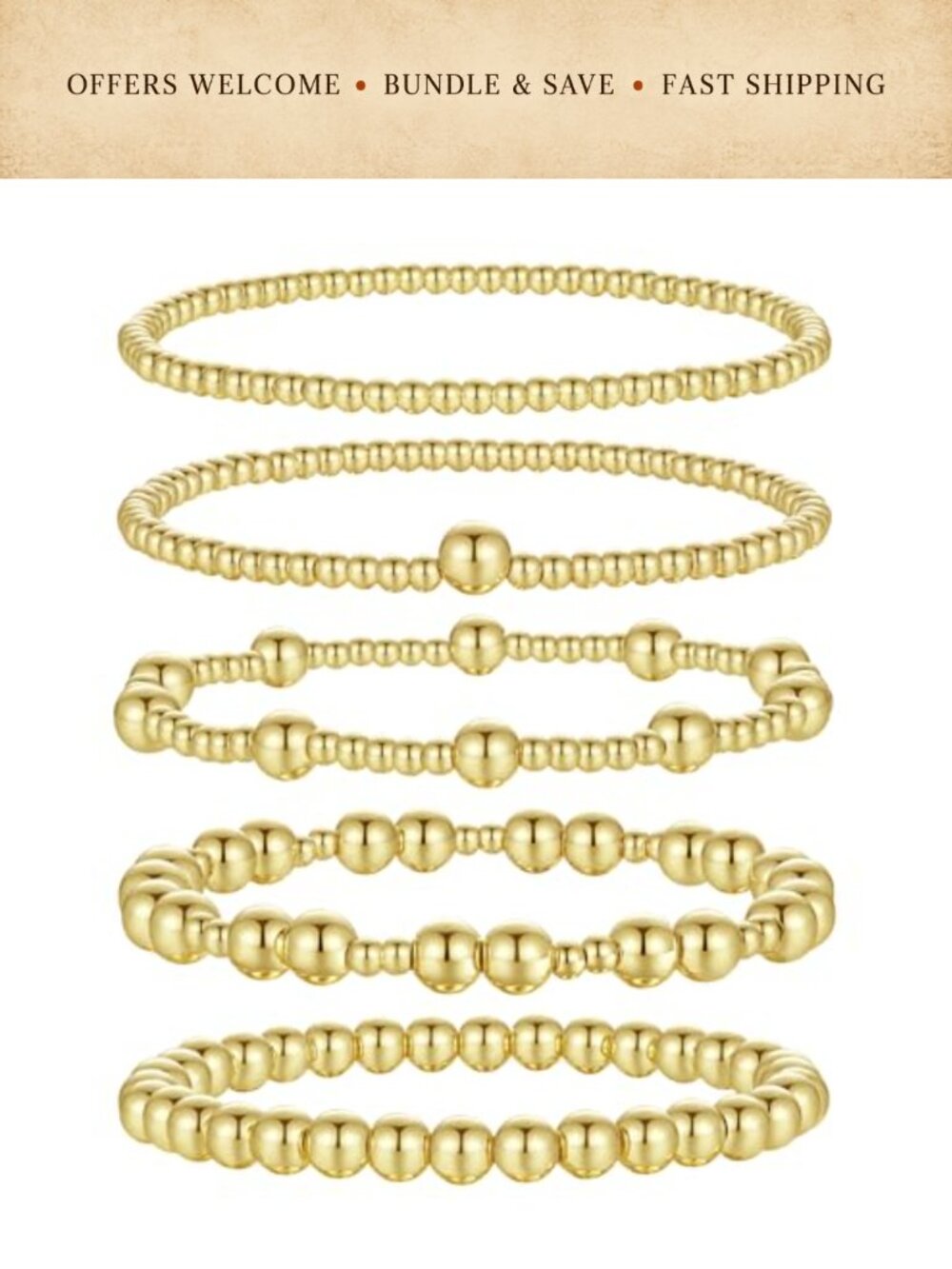 5PC 14K Gold Platinum Plated Beaded Bracelet Set Stretch Stackable Women Dainty